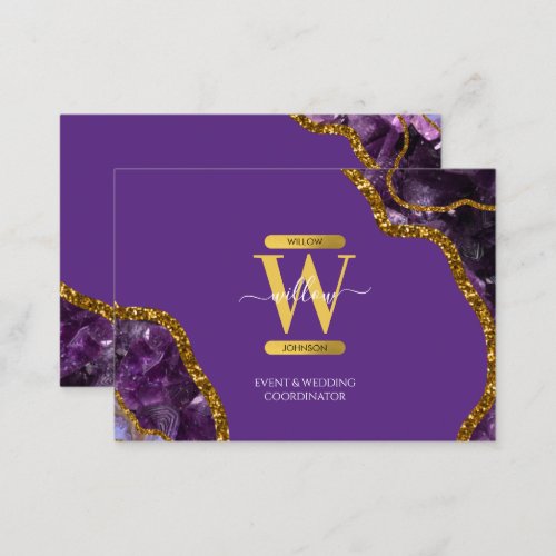 Purple  Gold Agate Geode Glitter Monogram Marble  Business Card