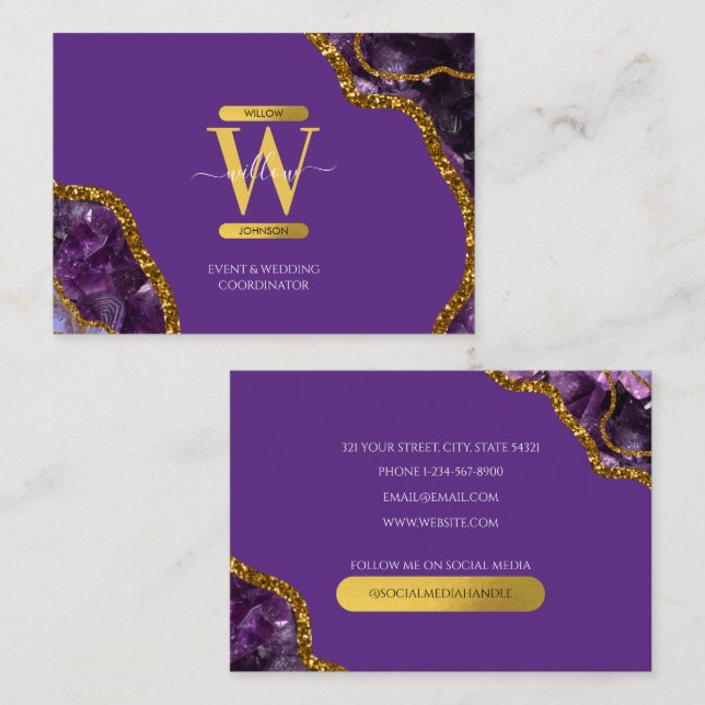 Purple & Gold Agate Geode Glitter Monogram Marble  Business Card (Front/Back)