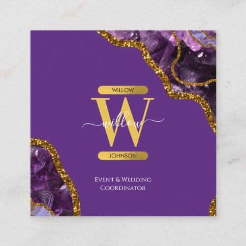 Purple  Gold Agate Geode Glitter Monogram Marble  Square Business Card