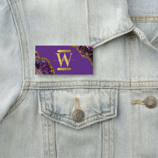 Purple & Gold Agate Geode Glitter Monogram  Name Tag (In Situ)