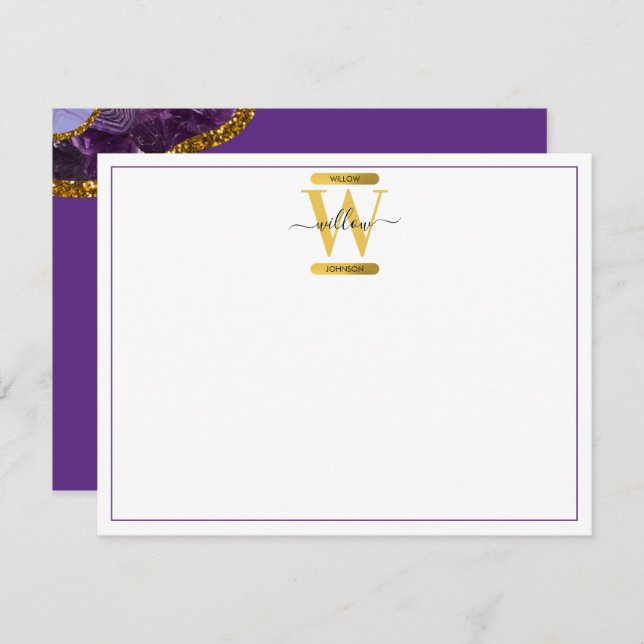 Purple & Gold Agate Geode Glitter Monogram  Note Card (Front/Back)