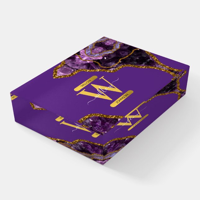Purple & Gold Agate Geode Glitter Monogram Paperweight (Angled)