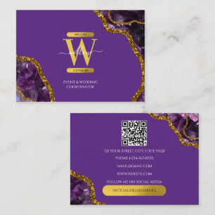 Purple Gold Agate Geode Glitter Monogram QR Code Business Card