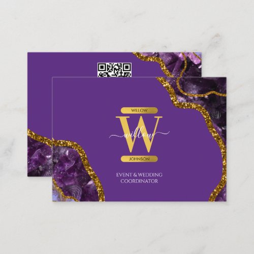 Purple Gold Agate Geode Glitter Monogram QR Code Business Card