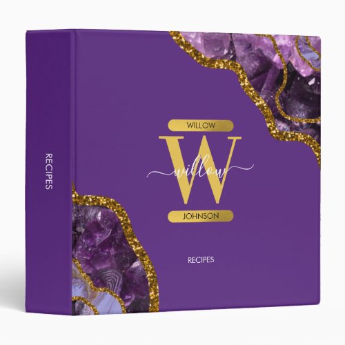 Purple  Gold Agate Geode Glitter Monogram Recipes 3 Ring Binder
