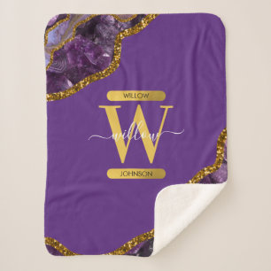Purple & Gold Agate Geode Glitter Monogram Sherpa Blanket