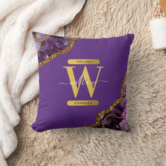 Purple & Gold Agate Geode Glitter Monogram  Throw Pillow (Blanket)