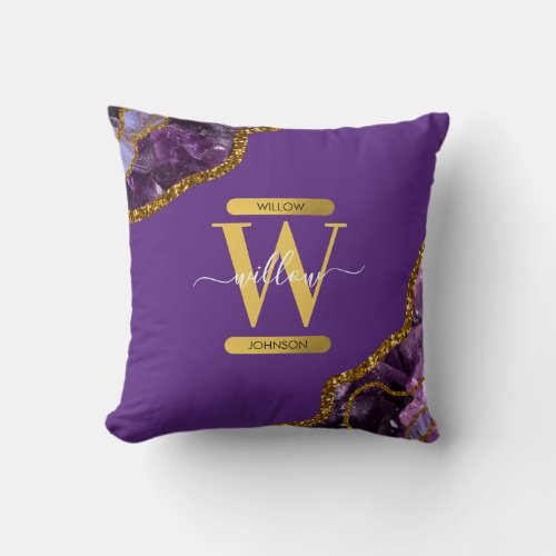 Purple  Gold Agate Geode Glitter Monogram  Throw Pillow