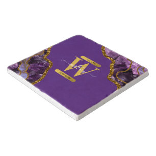 Purple & Gold Agate Geode Glitter Monogram Trivet