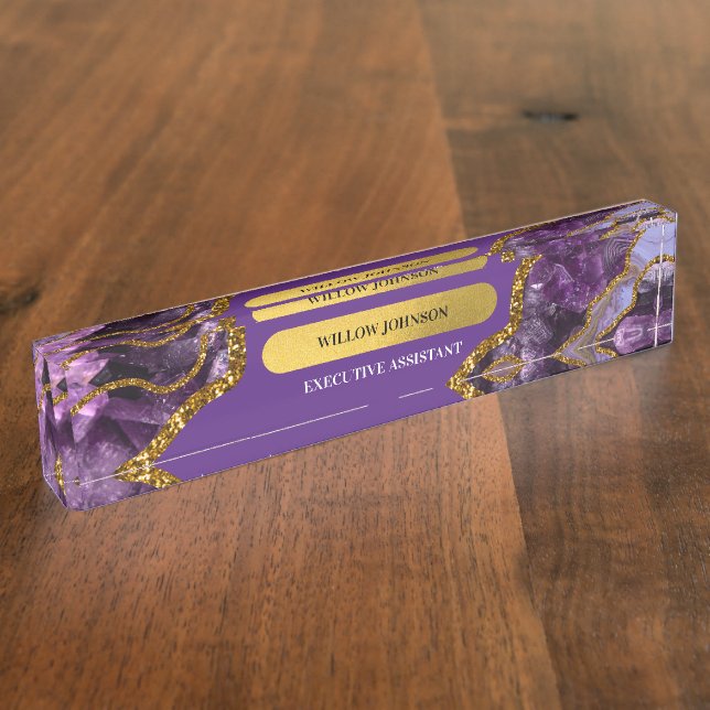 Purple & Gold Agate Geode Glitter Office  Desk Name Plate (Side)