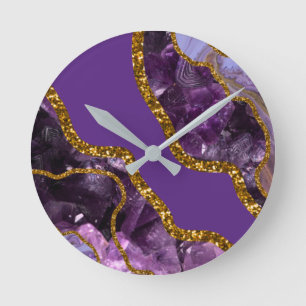 Purple & Gold Agate Geode Glitter Round Clock