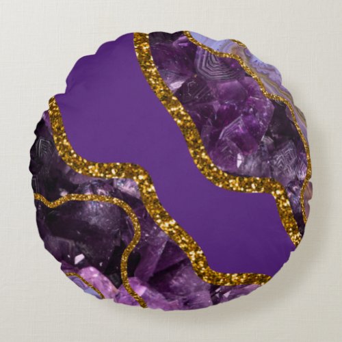 Purple  Gold Agate Geode Glitter Round Pillow