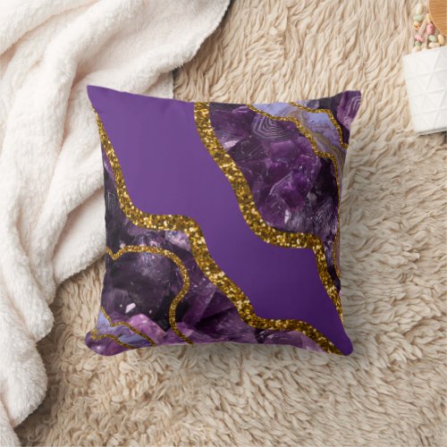 Purple  Gold Agate Geode Glitter  Throw Pillow