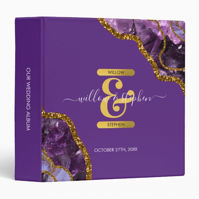 Purple & Gold Agate Geode Glitter Wedding Album  3 Ring Binder (Front/Spine)