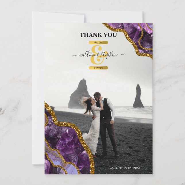 Purple & Gold Agate Geode Glitter Wedding Photo Thank You Card (Front)