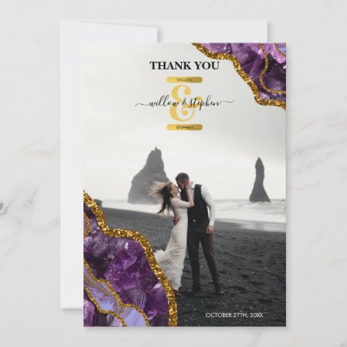 Purple  Gold Agate Geode Glitter Wedding Photo Thank You Card