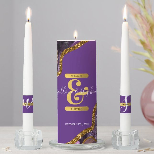 Purple & Gold Agate Geode Glitter Wedding Unity  Unity Candle Set (In Situ)