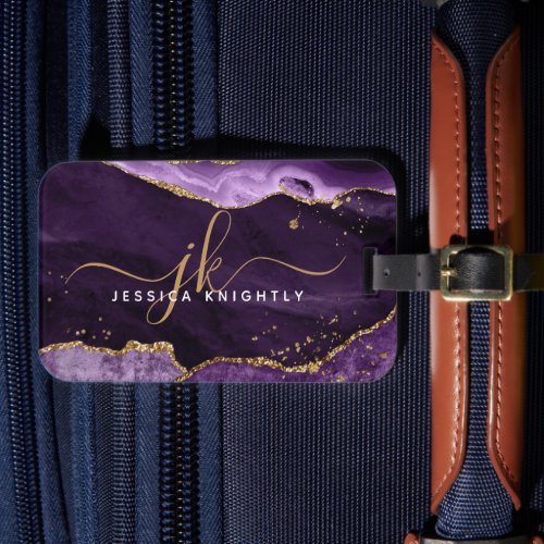 Purple Gold Agate Geode Script Initials Monogram Luggage Tag