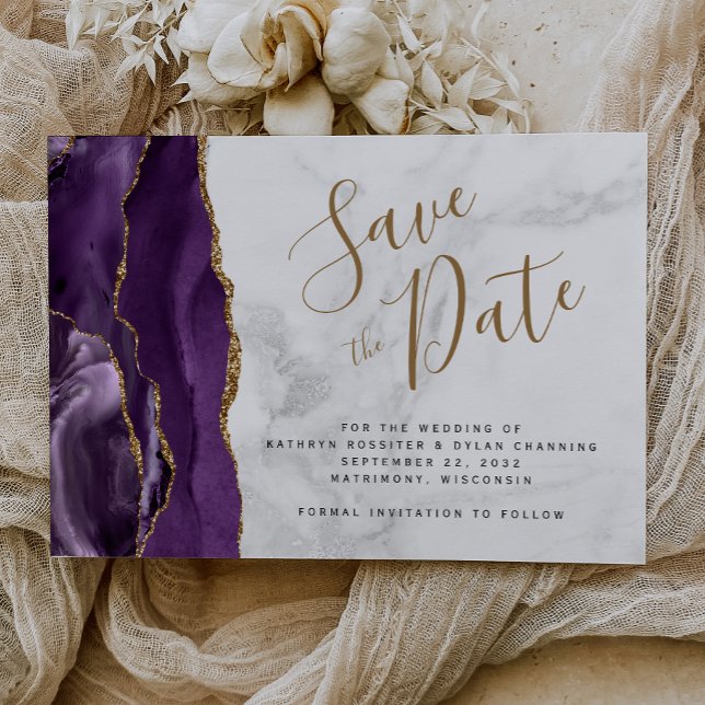Purple Gold Agate Gray Marble Save the Date Card (Creator Uploaded)