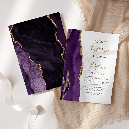 Purple Gold Agate Gray Marble Wedding Invitation