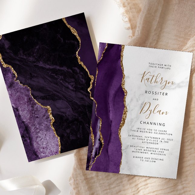 Purple Gold Agate Gray Marble Wedding Invitation (Creator Uploaded)