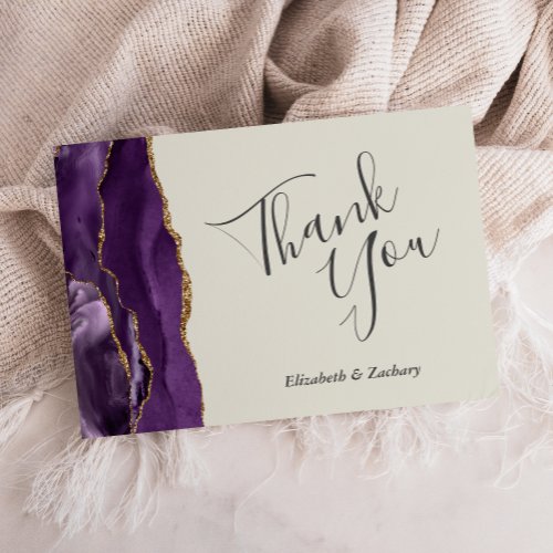 Purple Gold Agate Ivory Wedding Flat Thank You Card