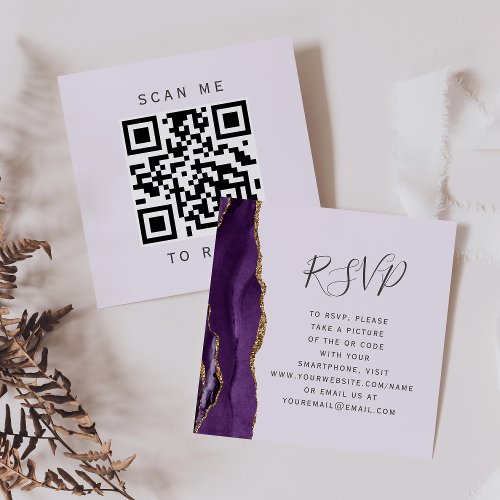 Purple Gold Agate Lavender Wedding QR Code RSVP Enclosure Card