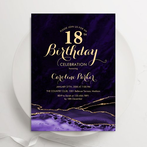 Purple Gold Agate Marble 18th Birthday Invitation