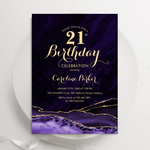 Purple Gold Agate Marble 21st Birthday Invitation