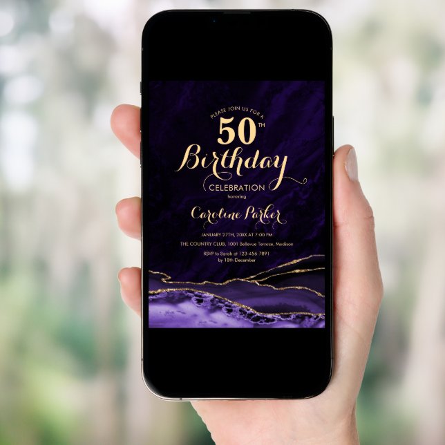 Purple Gold Agate Marble 50th Birthday Invitation (Front Digital)