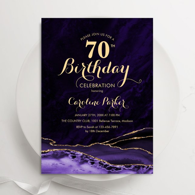 Purple Gold Agate Marble 70th Birthday Invitation (Creator Uploaded)