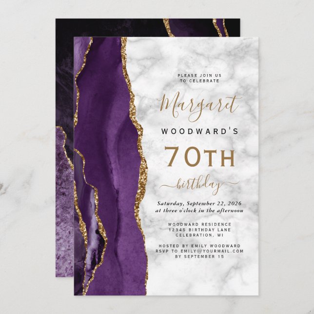 Purple Gold Agate Marble 70th Birthday Party Invitation (Front/Back)