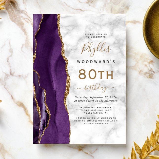 Purple Gold Agate Marble 80th Birthday Party Invitation (Creator Uploaded)