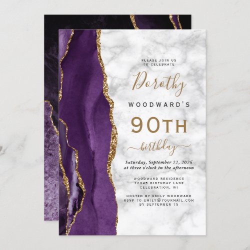 Purple Gold Agate Marble 90th Birthday Party Invitation