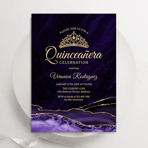 Purple Gold Agate Marble Quinceanera Invitation