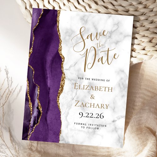 Purple Gold Agate Marble Save the Date Announcement Postcard