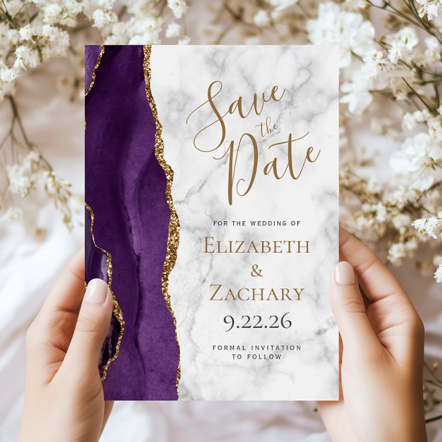 Purple Gold Agate Marble Save the Date Card (Creator Uploaded)