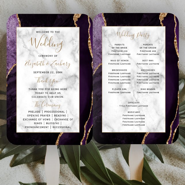 Purple Gold Agate Marble Wedding Program Hand Fan (Creator Uploaded)