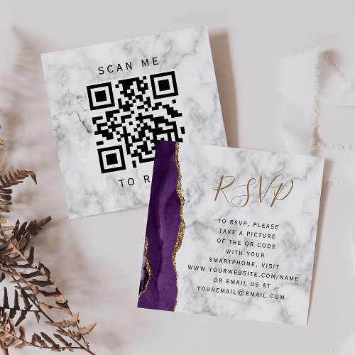 Purple Gold Agate Marble Wedding QR Code RSVP Enclosure Card