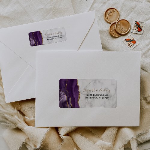 Purple Gold Agate Marble Wedding Return Address Label