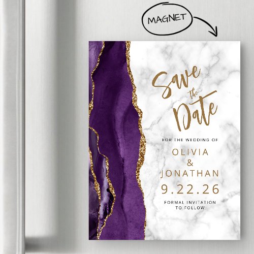 Purple Gold Agate Marble Wedding Save the Date Magnetic Invitation