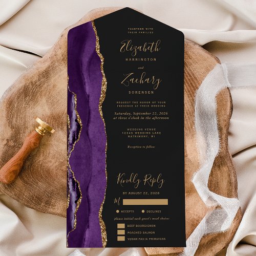 Purple Gold Agate Meal Options Dark Wedding All In One Invitation