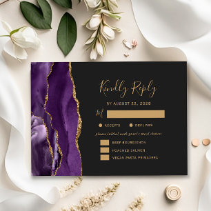 Purple Gold Agate Meal Options Dark Wedding RSVP Card