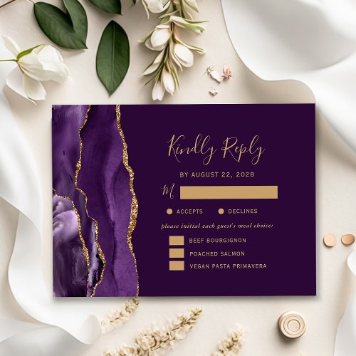 Purple Gold Agate Meal Options Plum Wedding RSVP