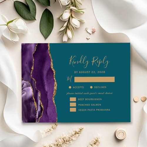 Purple Gold Agate Meal Options Teal Wedding RSVP