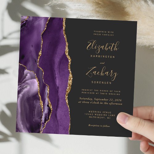 Purple Gold Agate Modern Dark Square Wedding Invitation