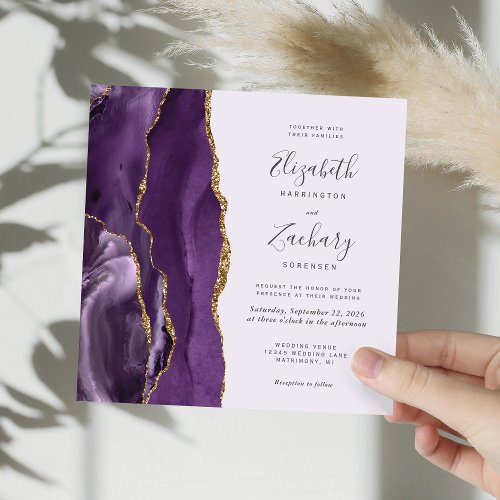 Purple Gold Agate Modern Lavender Square Wedding Invitation