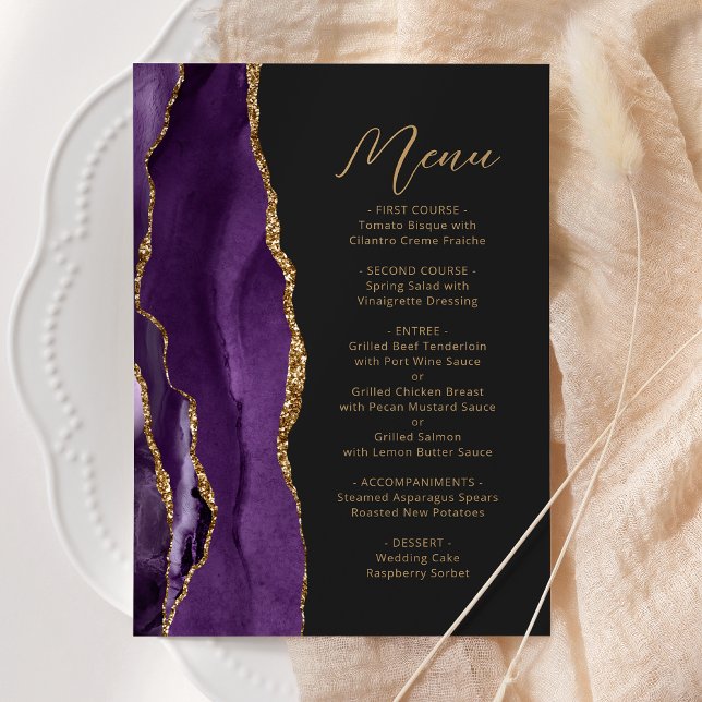 Purple Gold Agate Modern Script Dark Wedding Menu (Creator Uploaded)