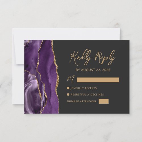 Purple Gold Agate Modern Script Wedding RSVP Card