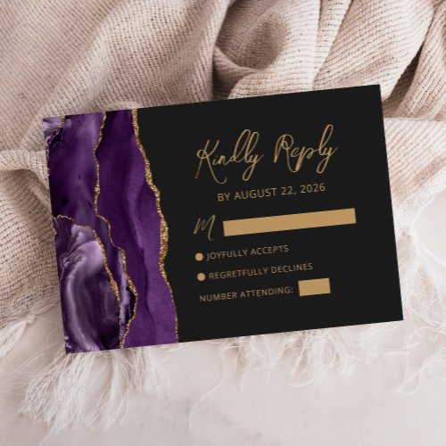 Purple Gold Agate Modern Script Wedding RSVP Card